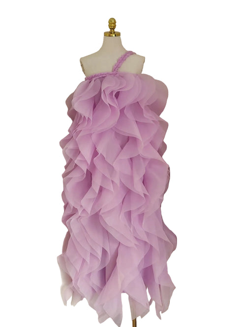 ONE SHOULDER STRAP LAYERED RUFFLE TIERED MAXI DRESS (LAVENDER)