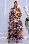 BUTTON-FRONT SHEER FLORAL OVERLAY TIERED RUFFLE MAXI DRESS