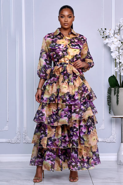 BUTTON-FRONT SHEER FLORAL OVERLAY TIERED RUFFLE MAXI DRESS