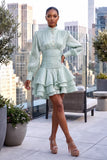 HIGH NECK CINCHED RUFFLED HEM MINI DRESS (SAGE)