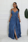 O STRING DESIGN BACK STRAP DENIM MAXI DRESS (DARK DENIM)