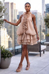 RUFFLED 3D FLORAL NECKLINE RUFFLED MINI DRESS & SHORT SET (MOCHA)