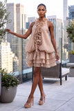 RUFFLED 3D FLORAL NECKLINE RUFFLED MINI DRESS & SHORT SET (MOCHA)