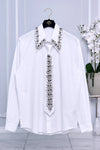 RHINESTONE DETAILING SATIN NECKTIE AND BUTTON DOWN SHIRT SET (WHITE)