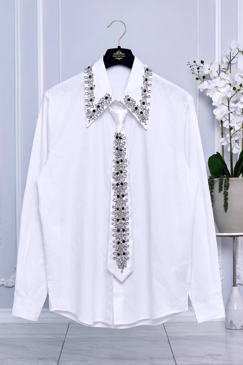 RHINESTONE DETAILING SATIN NECKTIE AND BUTTON DOWN SHIRT SET (WHITE)