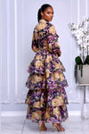 BUTTON-FRONT SHEER FLORAL OVERLAY TIERED RUFFLE MAXI DRESS
