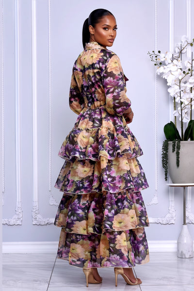 BUTTON-FRONT SHEER FLORAL OVERLAY TIERED RUFFLE MAXI DRESS