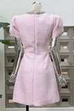 RHINESTONE NECKLINE PETAL SLEEVES MINI DRESS (PINK)
