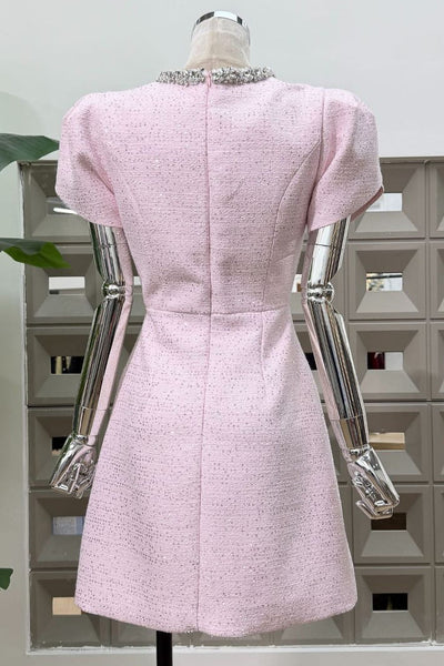 RHINESTONE NECKLINE PETAL SLEEVES MINI DRESS (PINK)