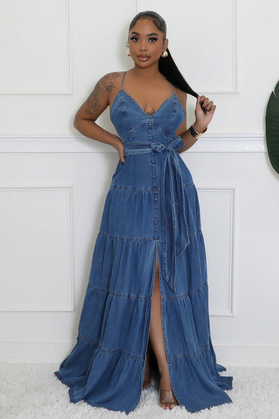 O STRING DESIGN BACK STRAP DENIM MAXI DRESS (DARK DENIM)