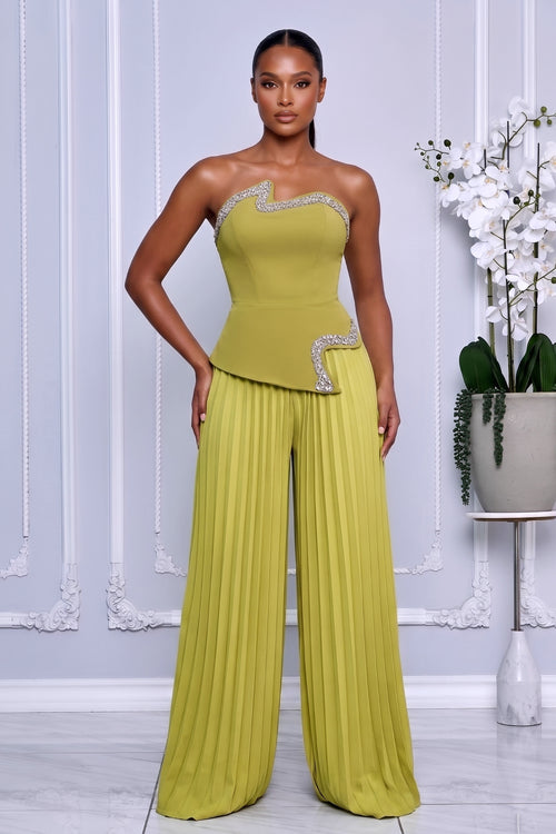 STRAPLESS CRYSTAL TRIM TOP & PLEATED PANTS SET (GREEN)