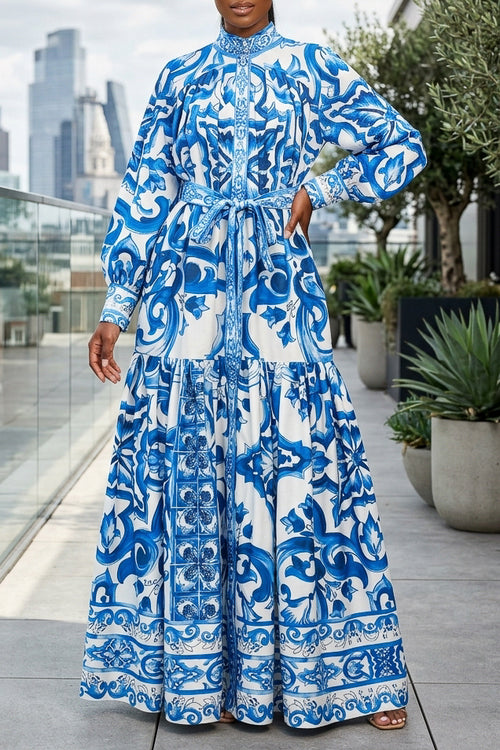 RUNWAY BLUE AND WHITE PORCELAIN PRINT BUTTON DOWN MAXI DRESS