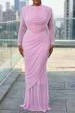 DRAPED COWL NECKLINE LONG SLEEVES MAXI DRESS (PINK)