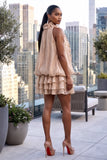 RUFFLED 3D FLORAL NECKLINE RUFFLED MINI DRESS & SHORT SET (MOCHA)