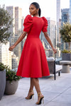 WRAP BODICE STYLE FLARE MIDI DRESS WITH PUFFED SLEEVES (RED)