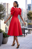 WRAP BODICE STYLE FLARE MIDI DRESS WITH PUFFED SLEEVES (RED)