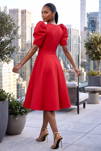 WRAP BODICE STYLE FLARE MIDI DRESS WITH PUFFED SLEEVES (RED)