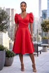 WRAP BODICE STYLE FLARE MIDI DRESS WITH PUFFED SLEEVES (RED)