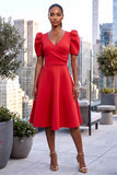 WRAP BODICE STYLE FLARE MIDI DRESS WITH PUFFED SLEEVES (RED)