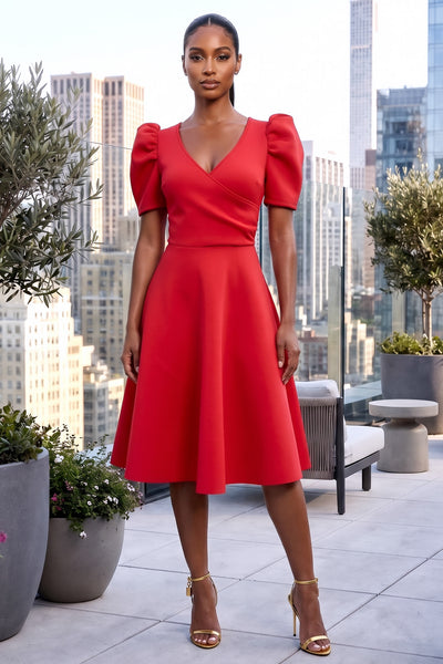 WRAP BODICE STYLE FLARE MIDI DRESS WITH PUFFED SLEEVES (RED)