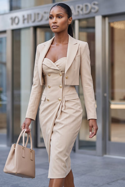 CHAMPAGNE DOULE-BREASTED BUSTIER BLAZER DRESS SET