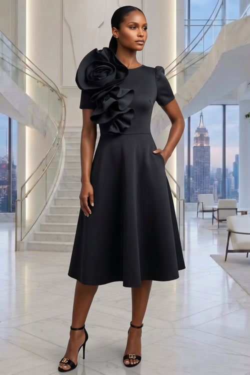 SCULPTURAL FLOWER RUFFLE DETAIL FLARE MIDI DRESS WITH POCKETS (BLACK)