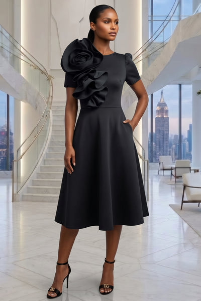 SCULPTURAL FLOWER RUFFLE DETAIL FLARE MIDI DRESS WITH POCKETS (BLACK)