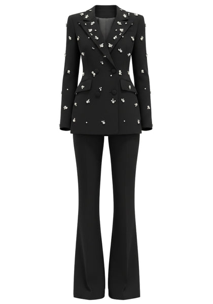 CRYSTAL EMBELLISHED DOUBLE BREASTED BLAZER AND PANTS SET (BLACK)