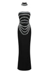DIAMOND STRAPLESS BANDAGE MAXI DRESS WITH CHOCKER (BLACK)