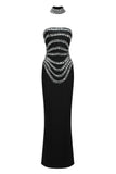 DIAMOND STRAPLESS BANDAGE MAXI DRESS WITH CHOCKER (BLACK)