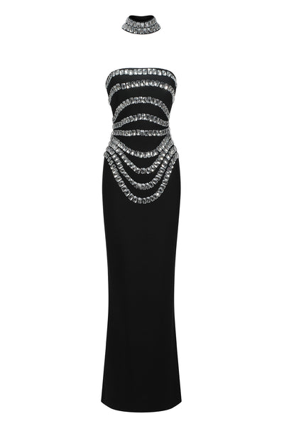 DIAMOND STRAPLESS BANDAGE MAXI DRESS WITH CHOCKER (BLACK)