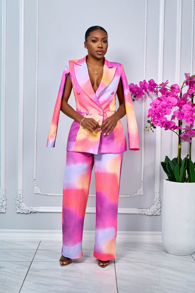 PRINTED FLYING SLEEVES BLAZER AND PANTS SET