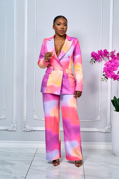 PRINTED FLYING SLEEVES BLAZER AND PANTS SET