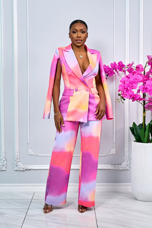 PRINTED FLYING SLEEVES BLAZER AND PANTS SET