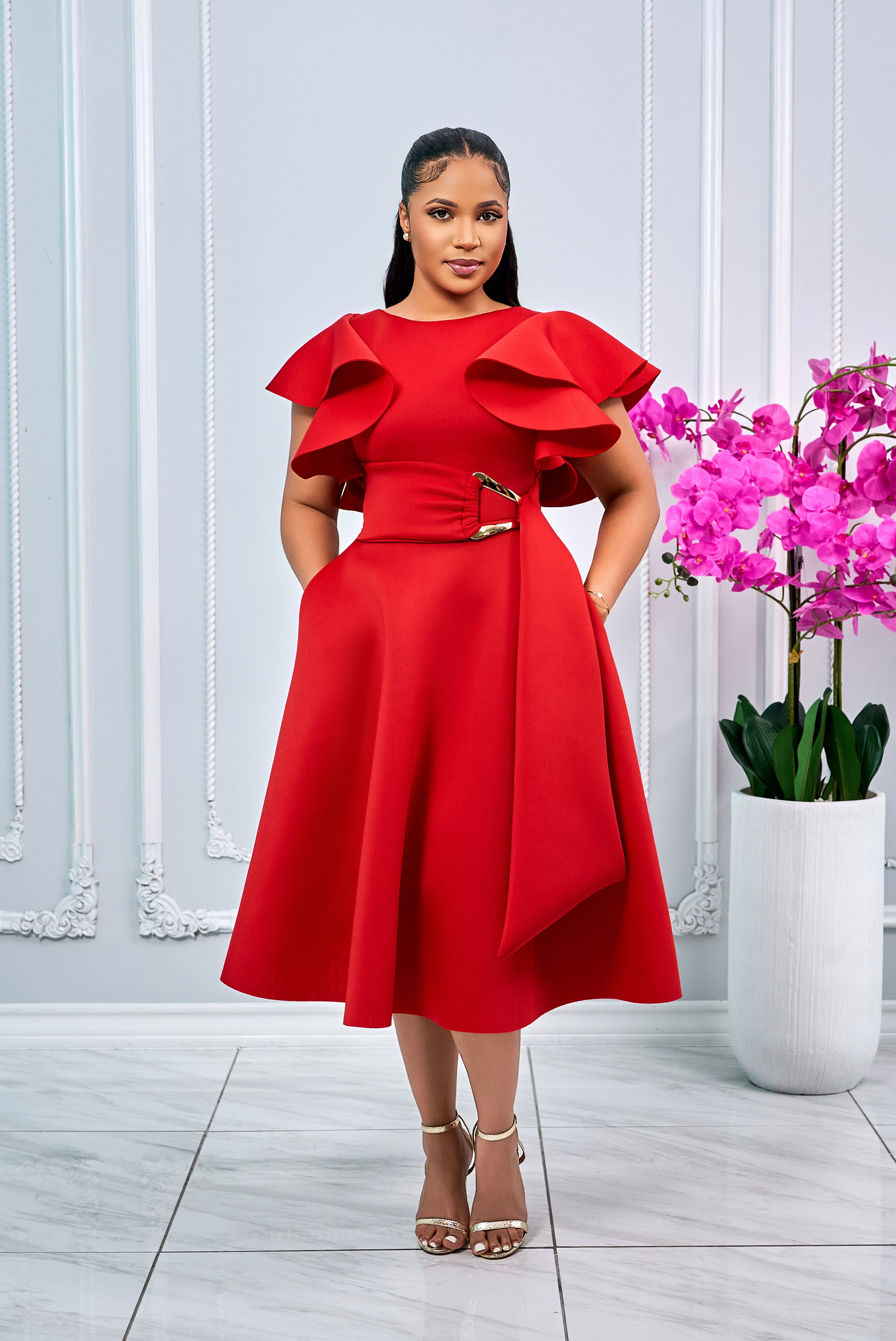 COCKTAIL RUFFLE SLEEVES MIDI DRESS WITH GOLD BUCKLE ACCENT (RED ...