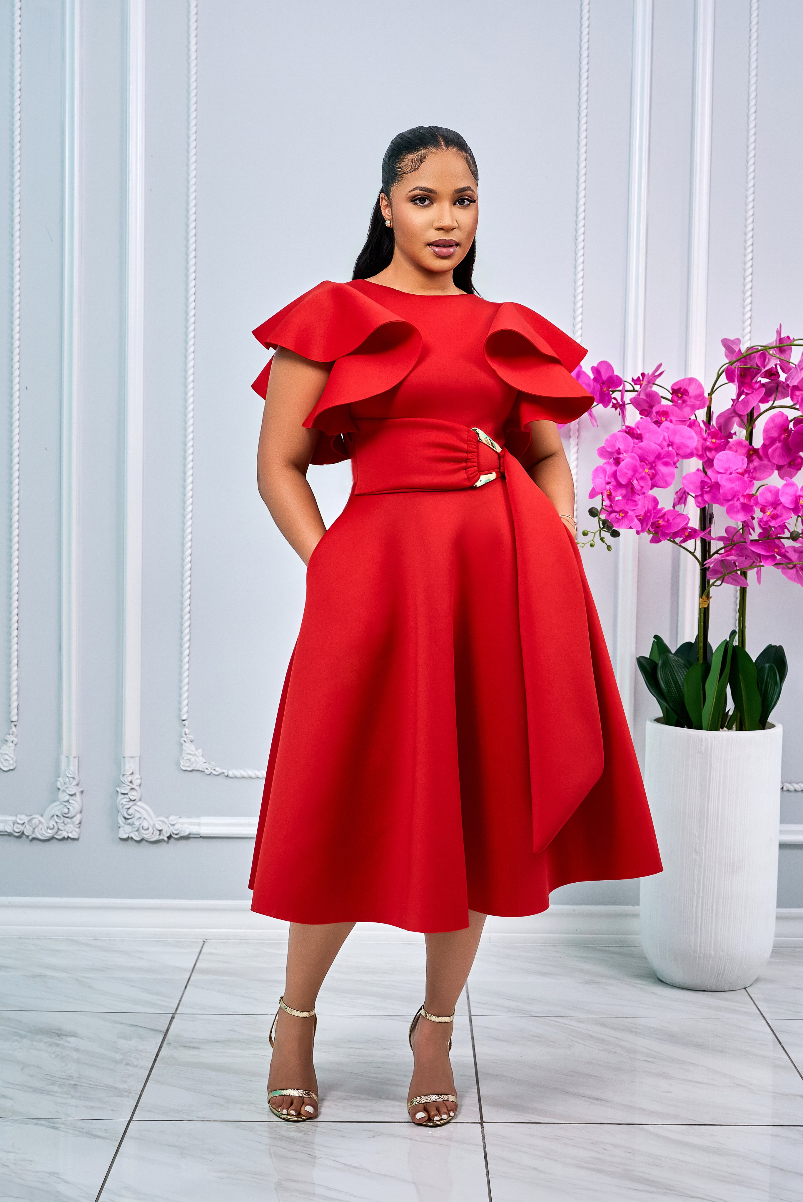COCKTAIL RUFFLE SLEEVES MIDI DRESS WITH GOLD BUCKLE ACCENT (RED ...