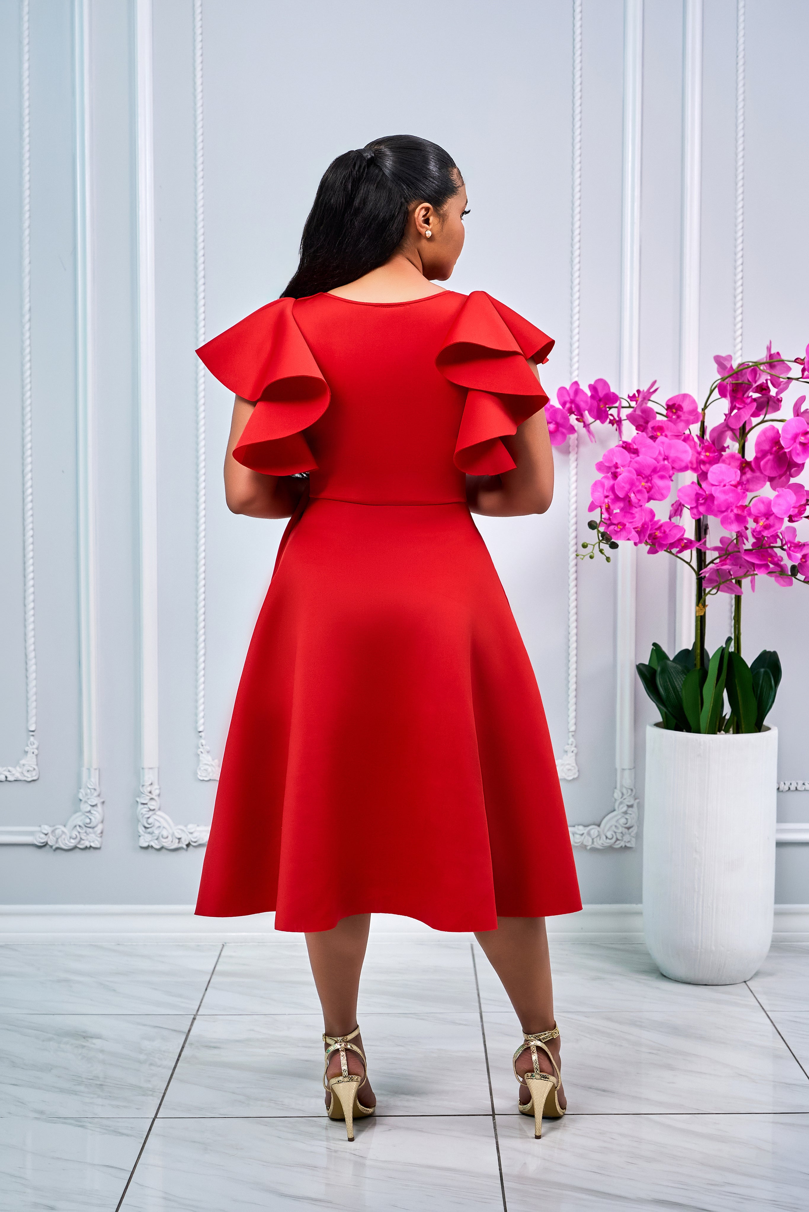 COCKTAIL RUFFLE SLEEVES MIDI DRESS WITH GOLD BUCKLE ACCENT (RED ...