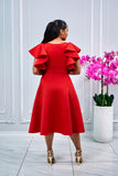 COCKTAIL RUFFLE SLEEVES MIDI DRESS WITH GOLD BUCKLE ACCENT (RED)