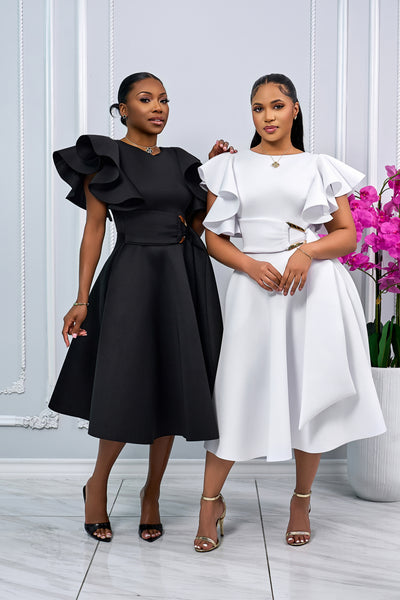 COCKTAIL RUFFLE SLEEVES MIDI DRESS WITH GOLD BUCKLE ACCENT (BLACK)