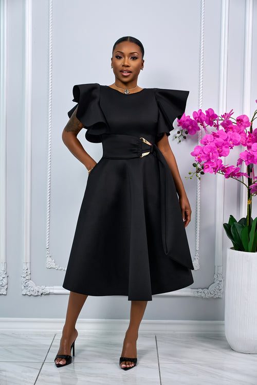 COCKTAIL RUFFLE SLEEVES MIDI DRESS WITH GOLD BUCKLE ACCENT (BLACK)