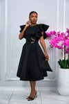 COCKTAIL RUFFLE SLEEVES MIDI DRESS WITH GOLD BUCKLE ACCENT (BLACK)
