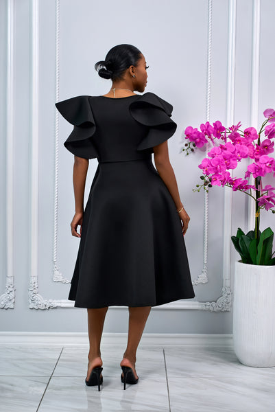 COCKTAIL RUFFLE SLEEVES MIDI DRESS WITH GOLD BUCKLE ACCENT (BLACK)