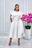 COCKTAIL RUFFLE SLEEVES MIDI DRESS WITH GOLD BUCKLE ACCENT (WHITE)