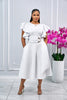 COCKTAIL RUFFLE SLEEVES MIDI DRESS WITH GOLD BUCKLE ACCENT (WHITE)