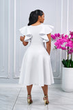 COCKTAIL RUFFLE SLEEVES MIDI DRESS WITH GOLD BUCKLE ACCENT (WHITE)