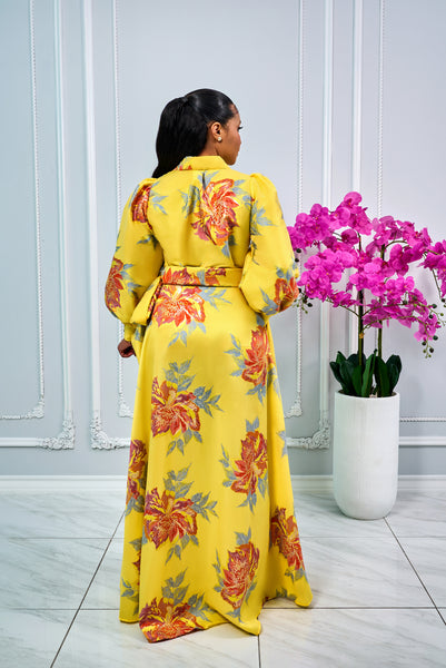 FLORAL PRINT BUTTON-FRONT BODICE JACQUARD MAXI DRESS (YELLOW)
