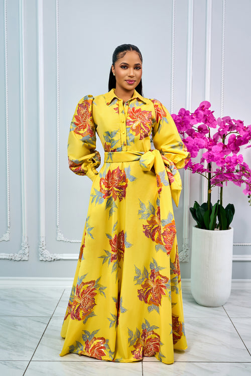 FLORAL PRINT BUTTON-FRONT BODICE JACQUARD MAXI DRESS (YELLOW)