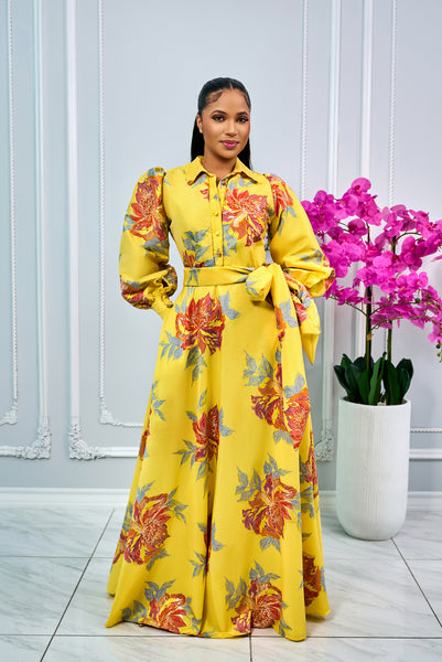 FLORAL PRINT BUTTON-FRONT BODICE JACQUARD MAXI DRESS (YELLOW)
