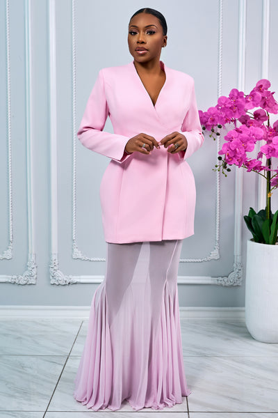 LONG SLEEVES STRUCTURED BLAZER AND MESH MAXI SKIRT SET (LIGHT PINK)