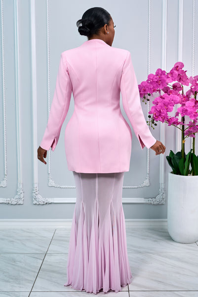 LONG SLEEVES STRUCTURED BLAZER AND MESH MAXI SKIRT SET (LIGHT PINK)